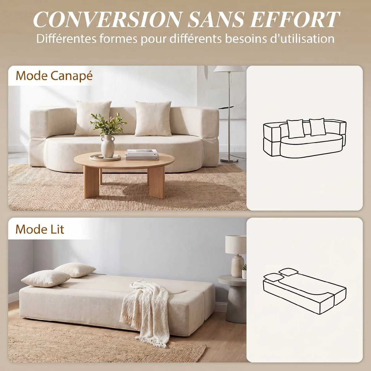 « Nuage » — Canapé convertible 2 places en chenille beige