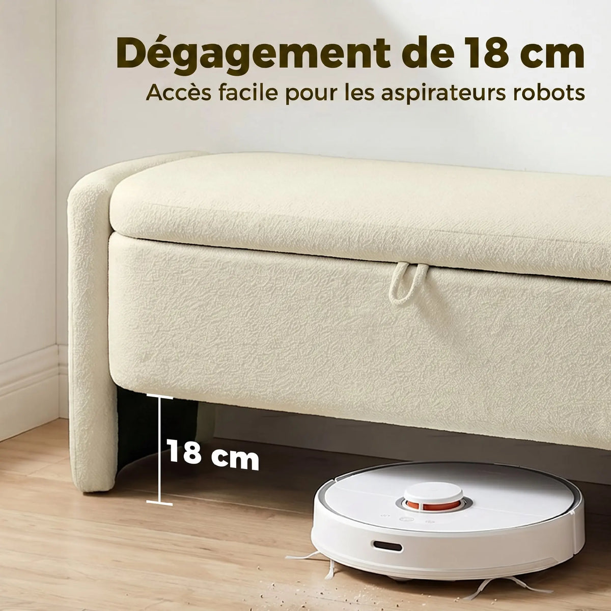 « Tilia » — Banc coffre en tissu bouclé crème