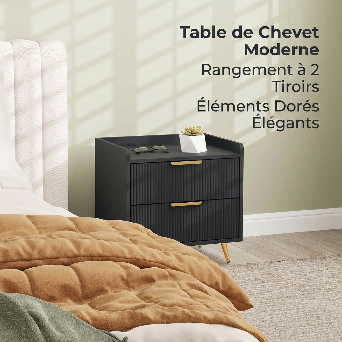 « Nocta » — Table de chevet noire à 2 tiroirs