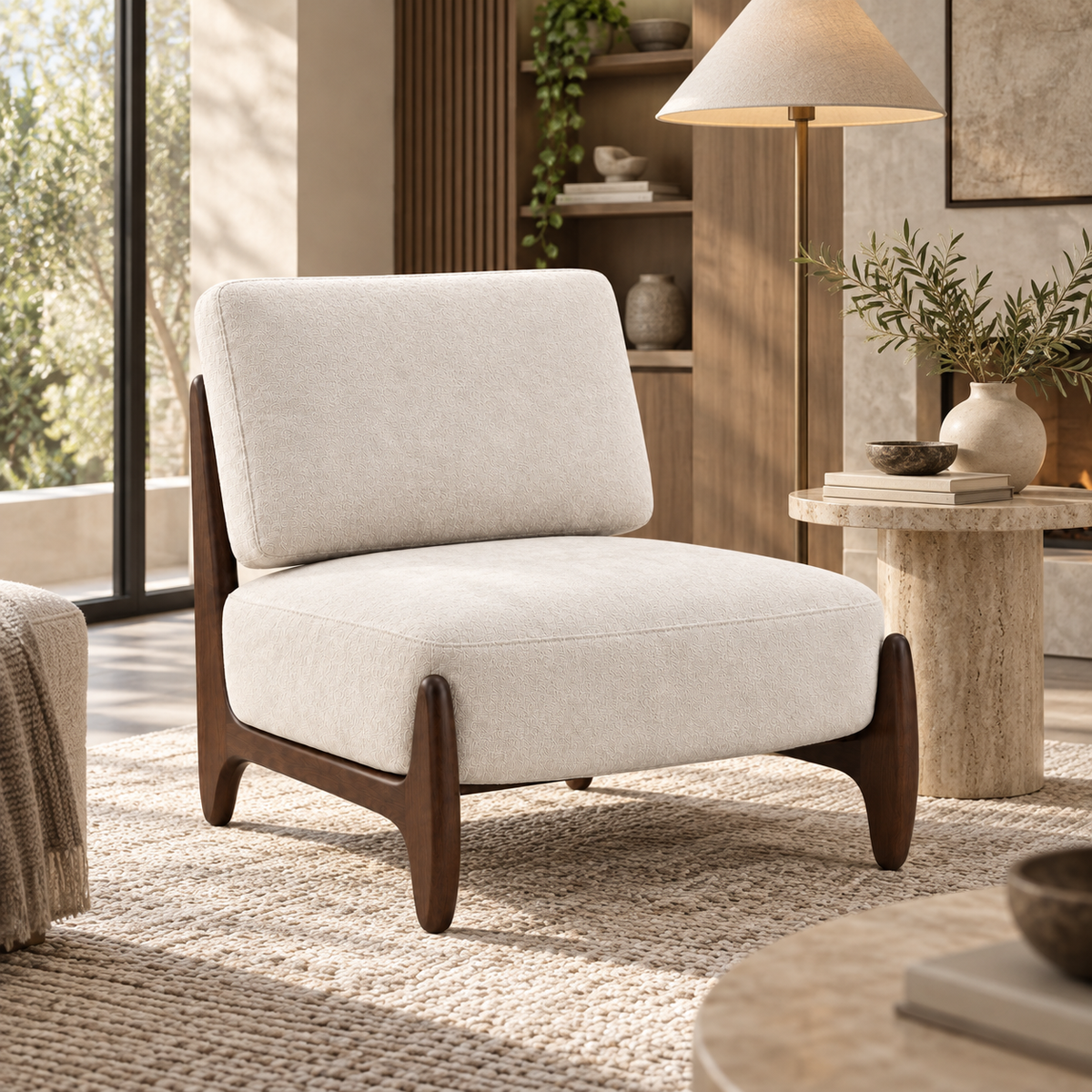 « Alba » — Fauteuil en chenille crème et bois — vue 2