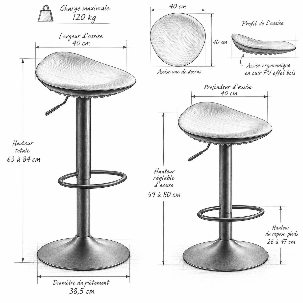 « Écorce » — Lot de 2 tabourets réglables effet chêne — vue 5