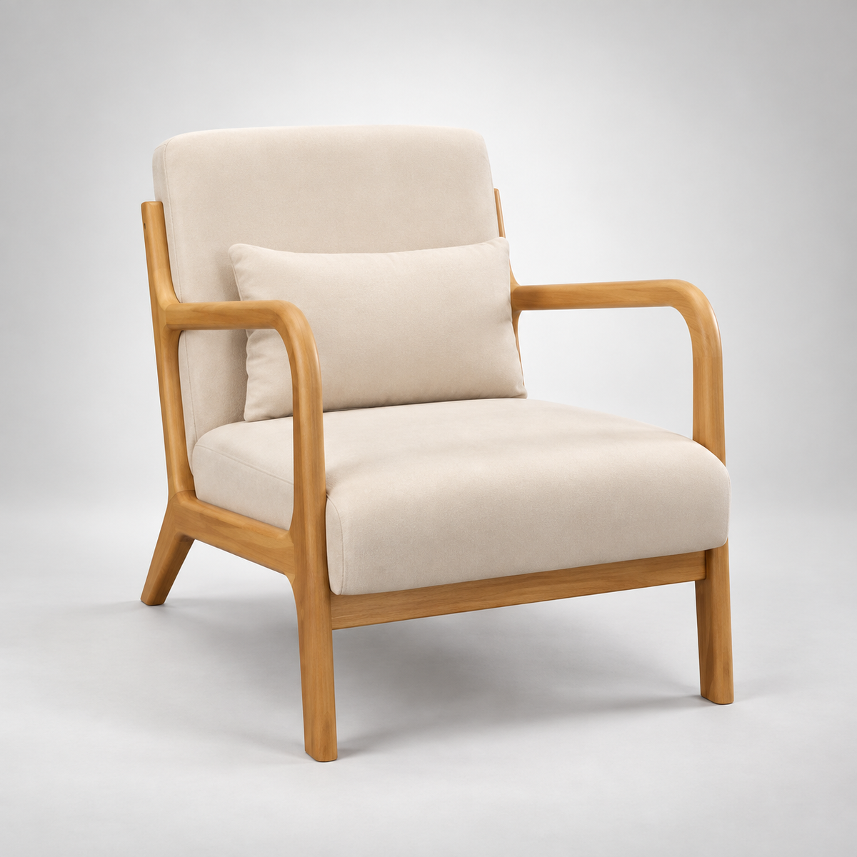 « Elio » — Fauteuil lounge en bois et tissu effet velours beige — vue 1