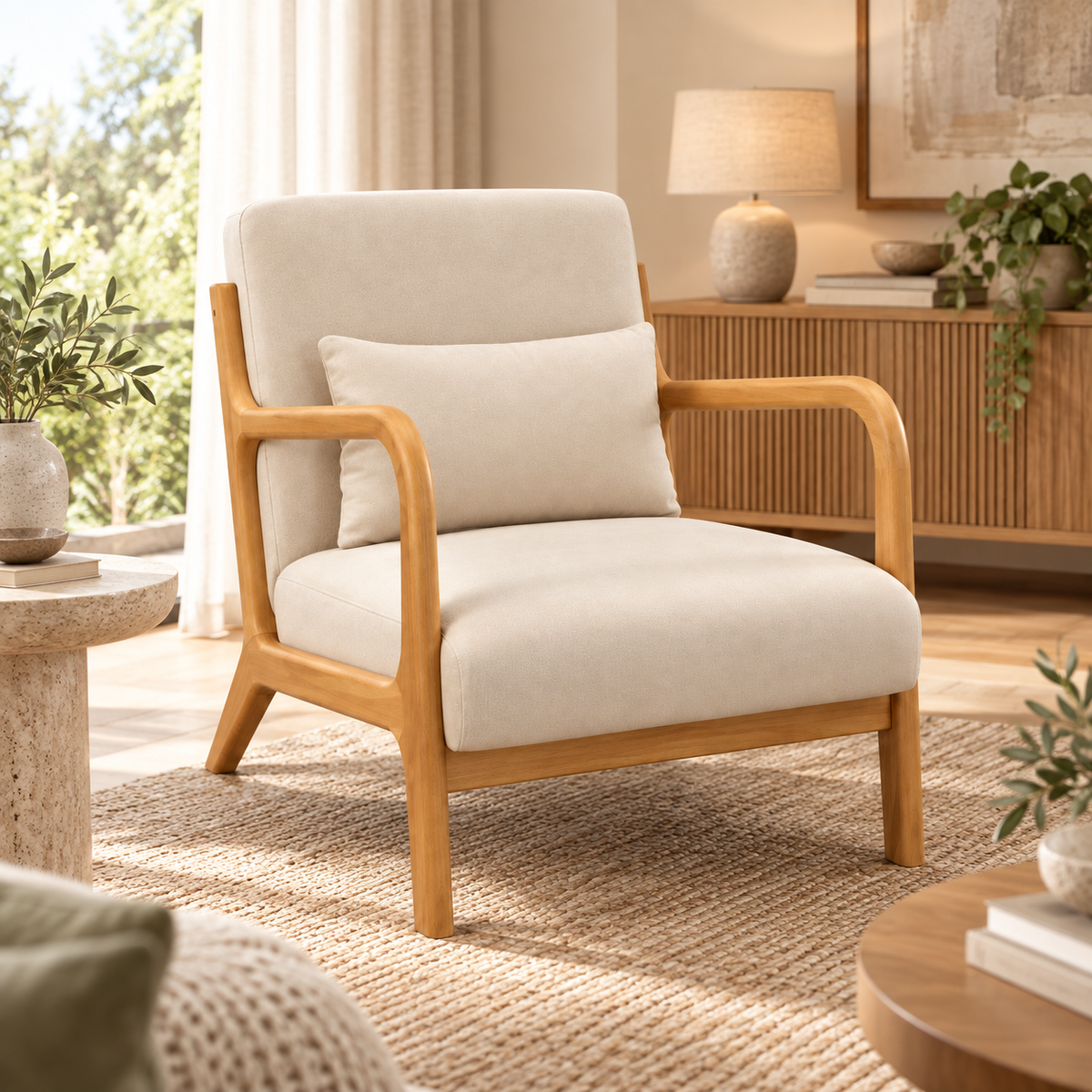 « Elio » — Fauteuil lounge en bois et tissu effet velours beige — vue 2