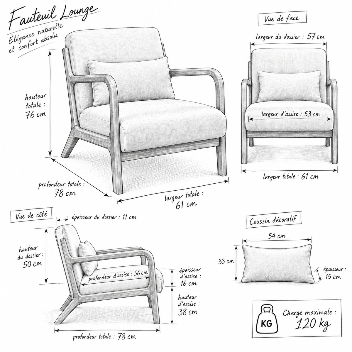 « Elio » — Fauteuil lounge en bois et tissu effet velours beige — vue 5