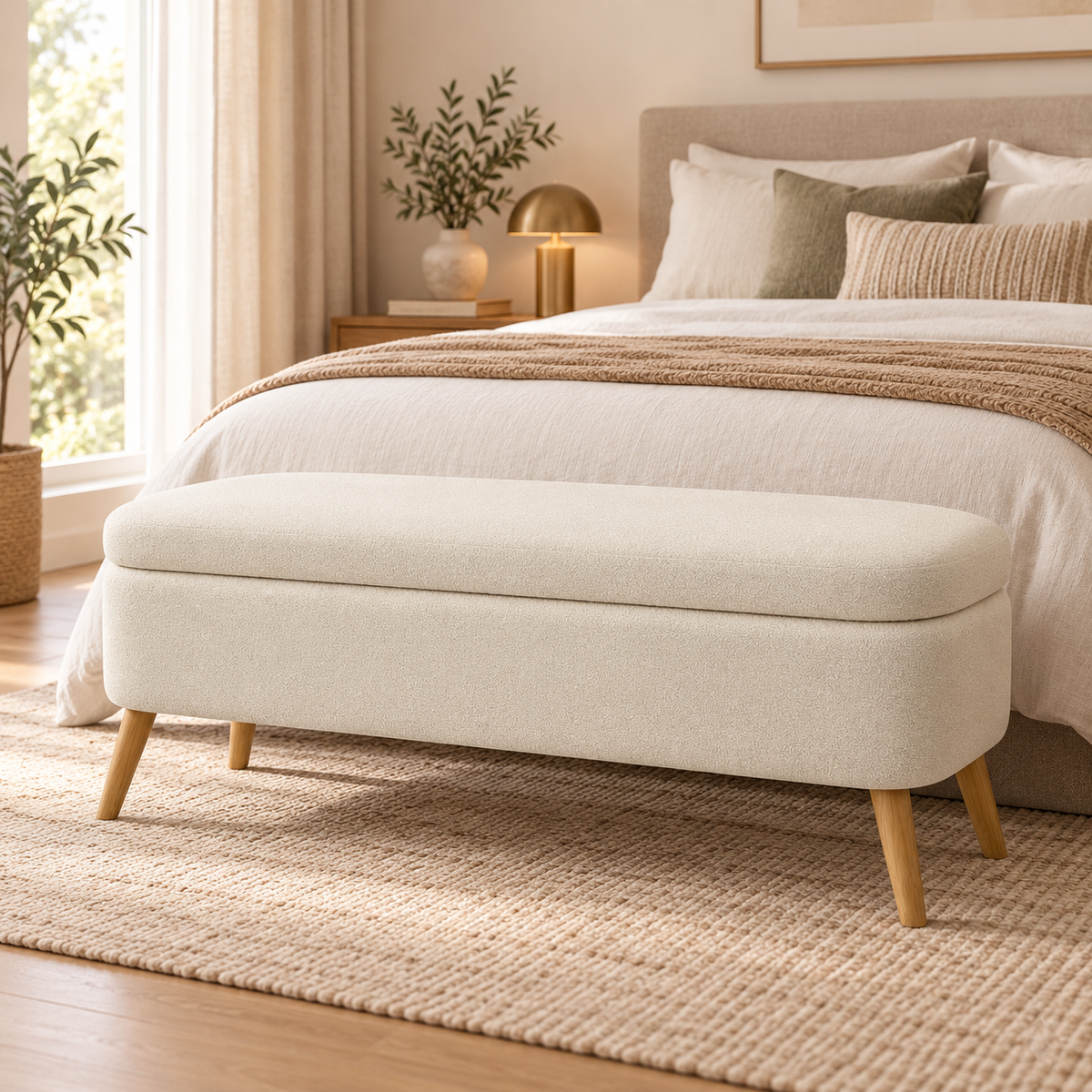 « Nacre » — Banc coffre en tissu teddy beige — vue 2