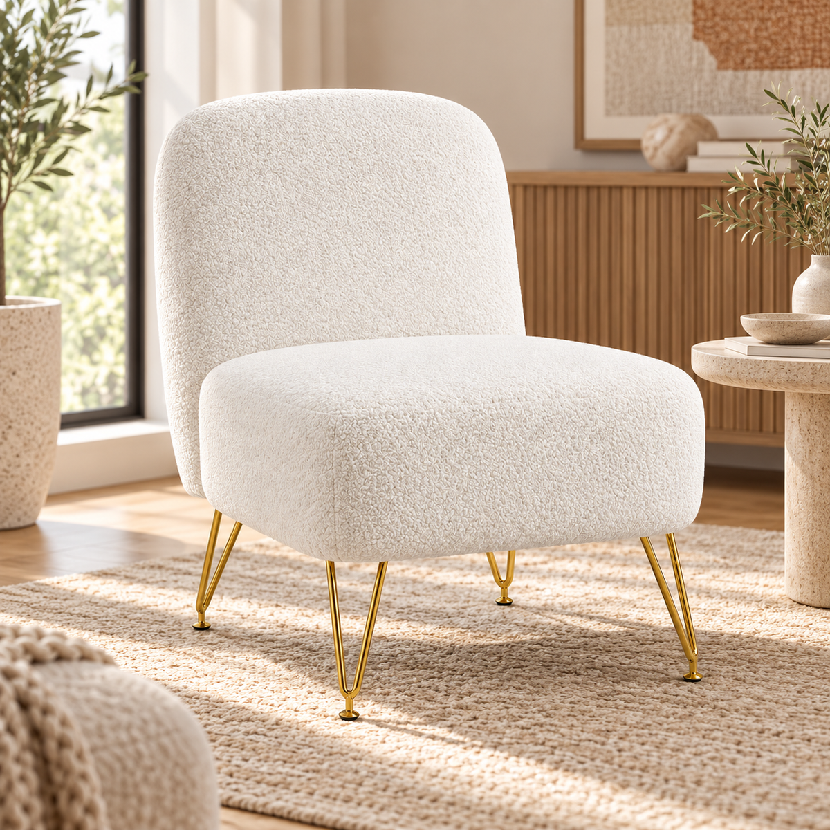« Soléa » — Fauteuil sans accoudoirs en tissu bouclé blanc — vue 2