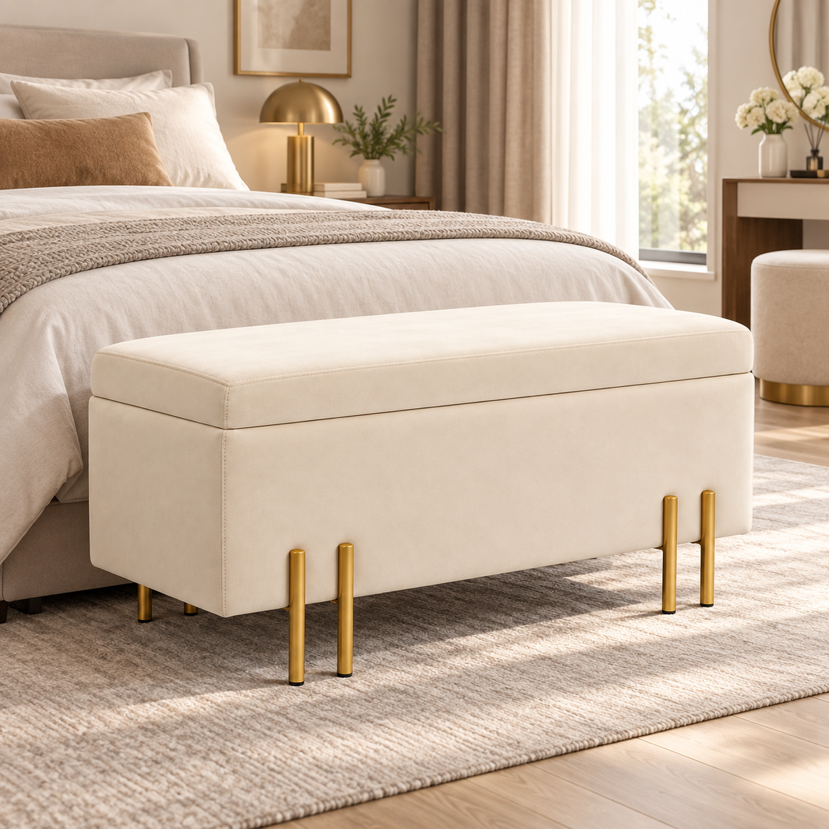 « Velia » — Banc coffre en velours beige et métal doré — vue 2