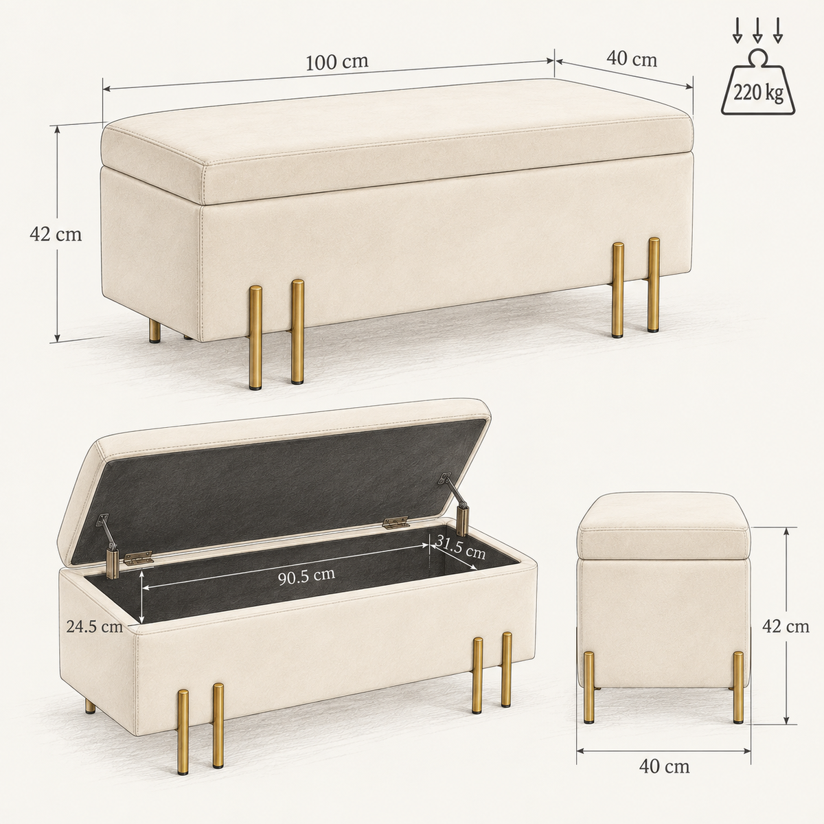 « Velia » — Banc coffre en velours beige et métal doré — vue 5